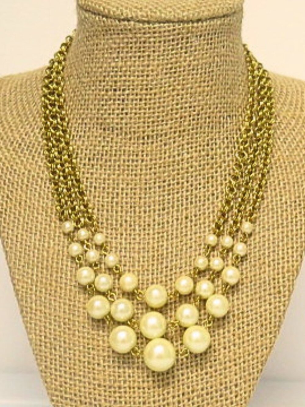 Vintage Gold Tone Multi Strand Faux Pearl Statement Necklace Estate Jewelry